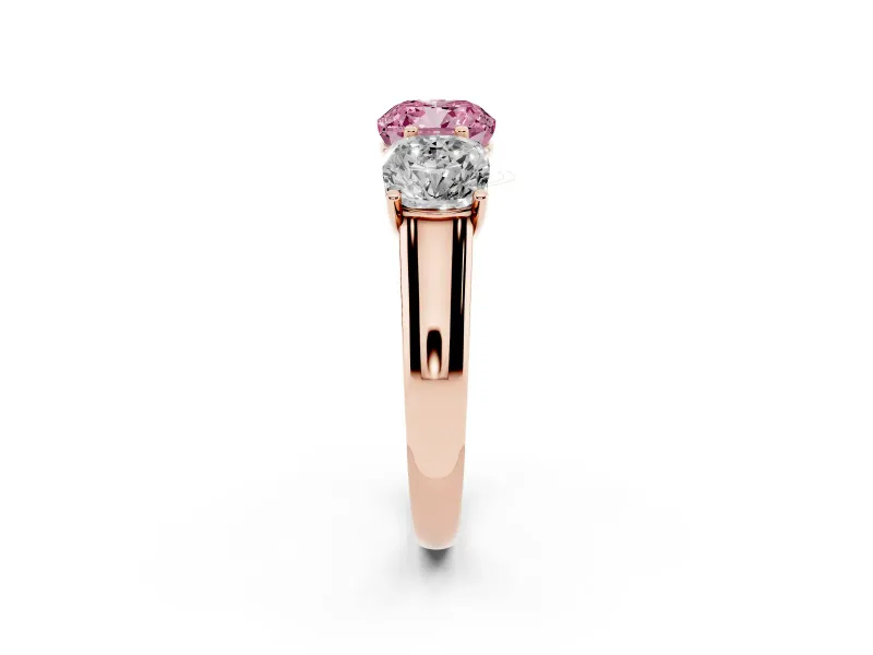 Cushion Cut Three Stone Engagement Ring Setting for a Fancy Pink Lab-Grown Diamond | Basket Prong Heads | Rose Gold
