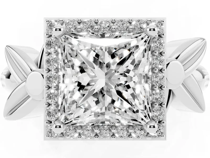 Princess Cut Floral Halo Engagement Ring Setting | Leaf Shoulders | Sterling Silver