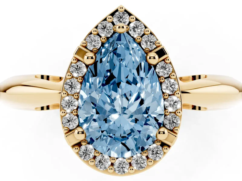 Fancy Blue Pear Cut Diamond Halo Engagement Ring Set in Yellow gold with Plain Split Shank and Prong Setting