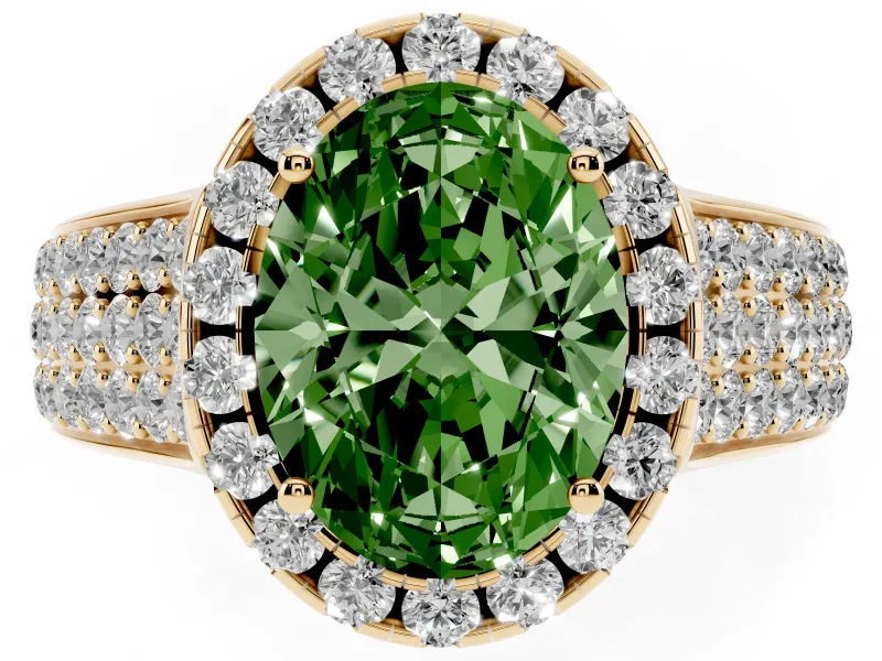Fancy Green Oval Cut Diamond Halo Ring Set in Yellow gold with Pavé Band and Raised Center Setting