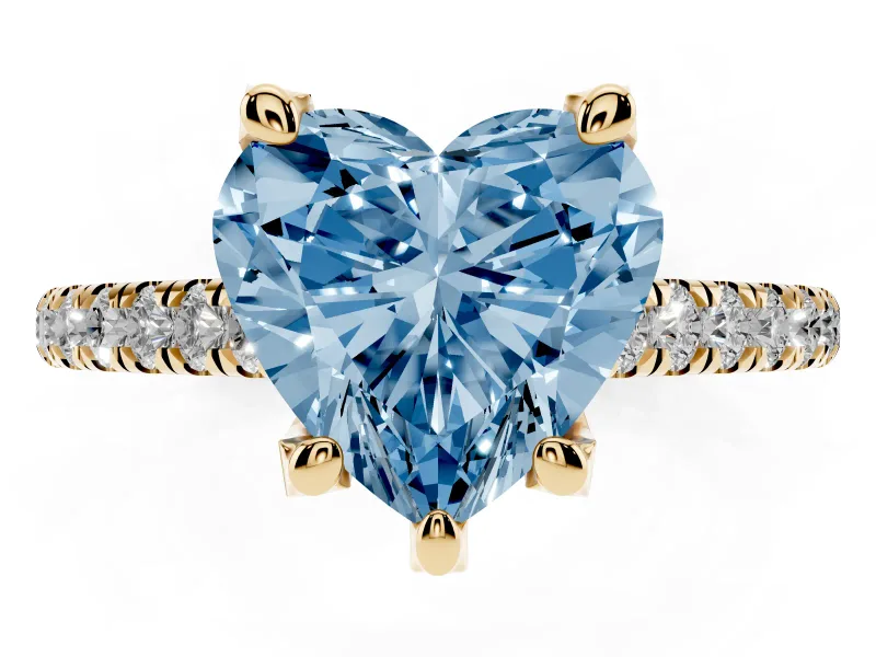 Heart-Shaped Hidden Halo Pave Engagement Ring Setting for a Fancy Blue Lab-Grown Diamond | Claw Prongs | Yellow Gold