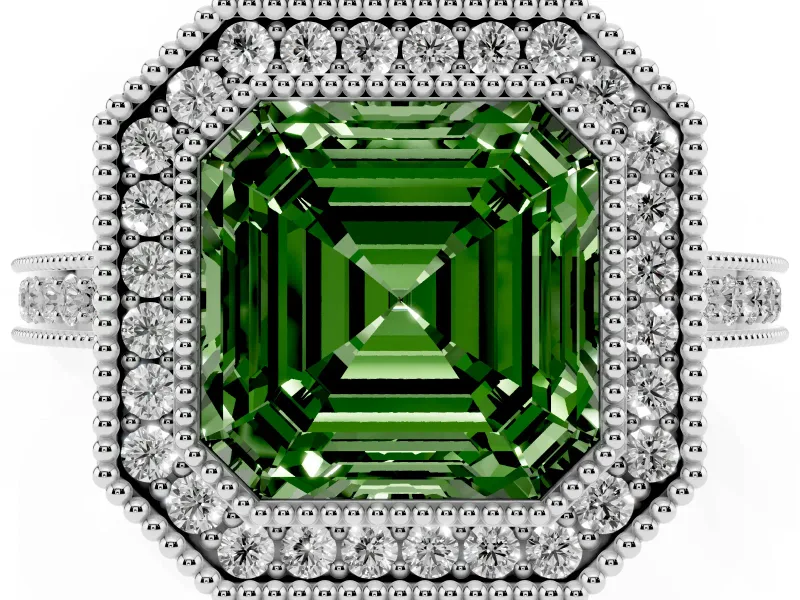 Fancy Green Asscher Cut Diamond Halo Ring Set in Platinum with Pavé Band and Milgrain-Edged Prongs