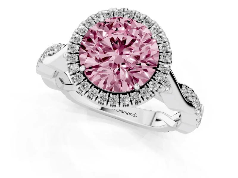 Fancy Pink Round Cut Diamond Halo Twist Band Solitaire Ring Set in Silver with Prong Setting
