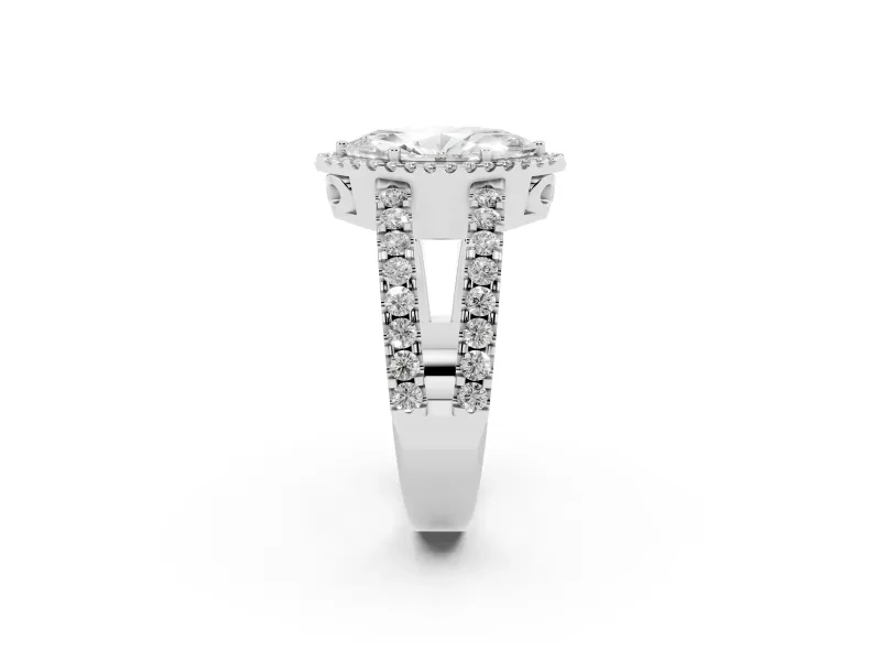Marquise Cut Diamond Halo Ring Set in White gold with Pavé Split Shank and Prong Setting