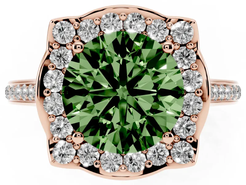 Round Halo Engagement Ring Setting for a Fancy Green Lab-Grown Diamond | Petal Tips | Rose Gold
