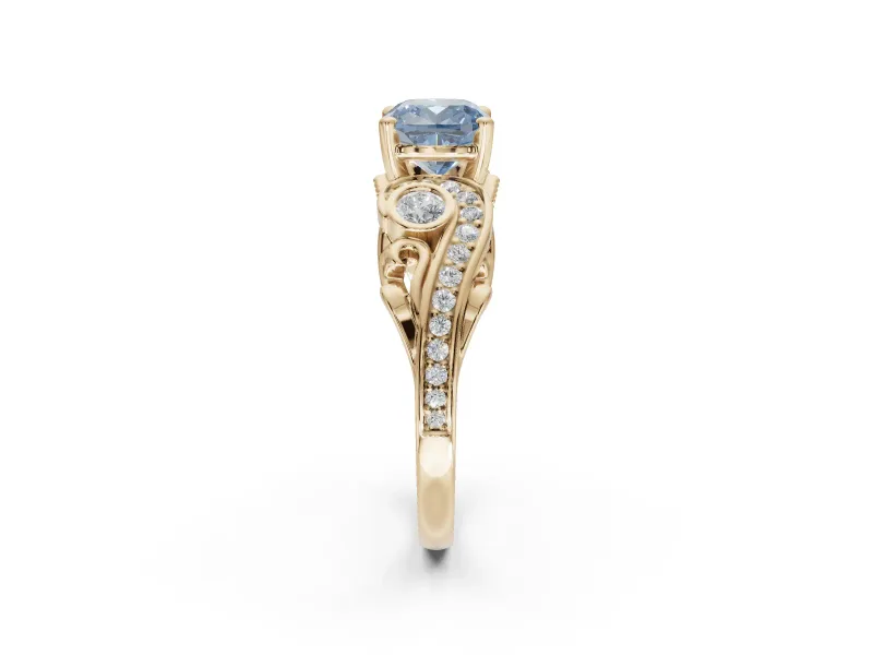 Cushion Cut Swirl Engagement Ring Setting for a Fancy Blue Lab-Grown Diamond | Yellow Gold