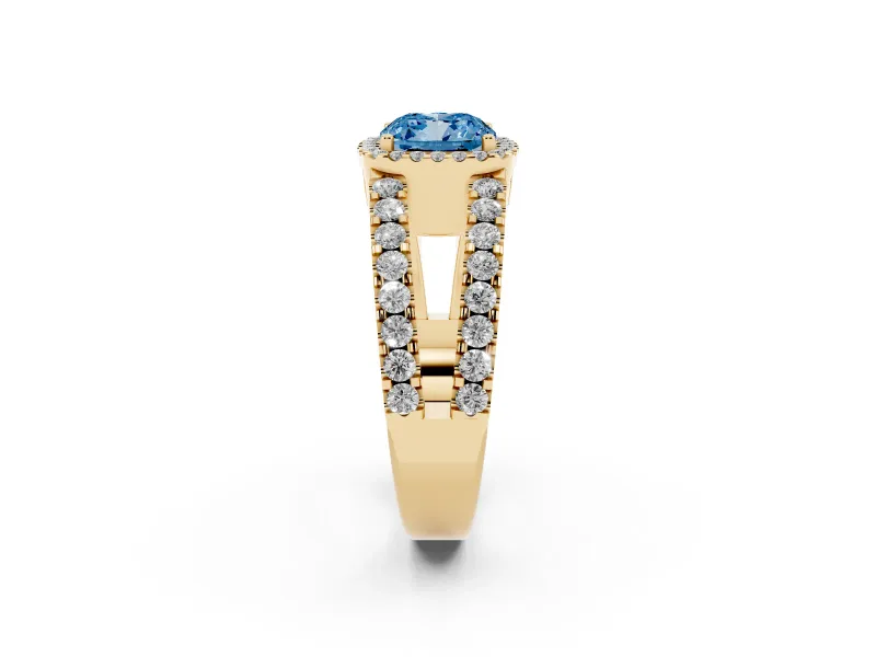 Fancy Blue Cushion Cut Diamond Halo Ring Set in Yellow gold with Pavé Split Shank and Prong Setting