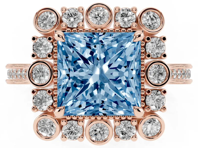 Fancy Blue Princess Cut Diamond Halo Milgrain Pavé Ring Set in Rose gold with Prong Setting