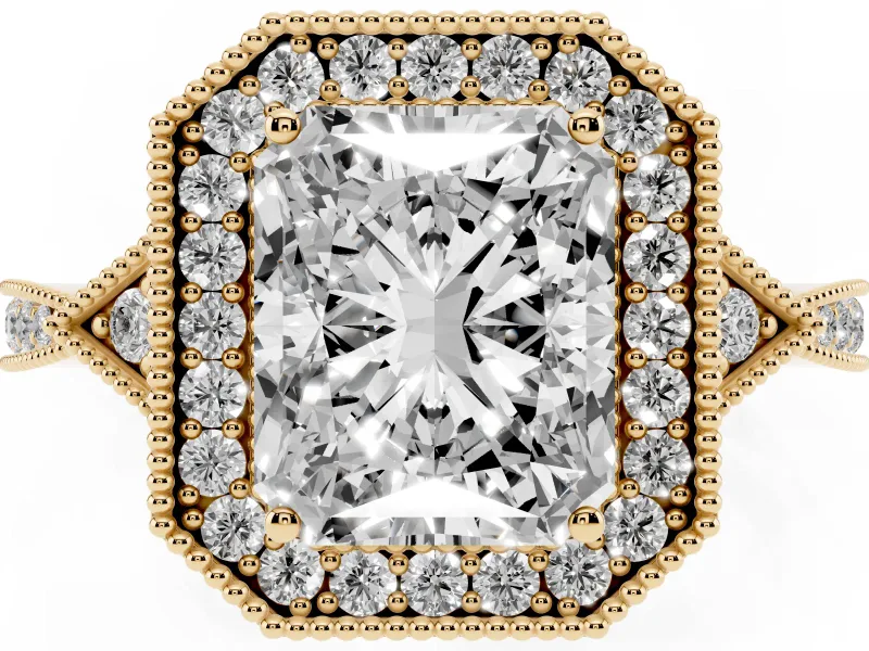 Radiant Cut Vintage Milgrain Halo Engagement Ring Setting | Graduated Pavé Band | Yellow Gold