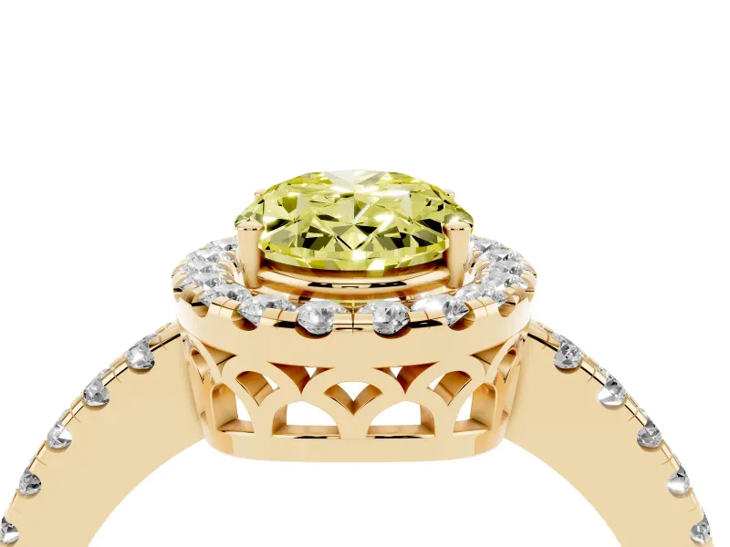 Fancy Yellow Oval Cut Diamond Pavé Band Halo Engagement Ring Set in Yellow gold with Prong Setting