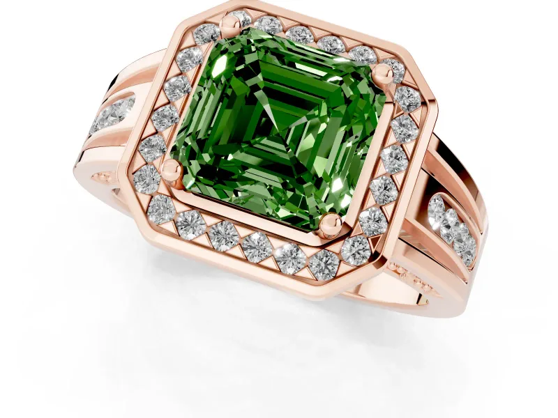 Asscher Cut Halo Engagement Ring Setting for a Fancy Green Lab-Grown Diamond | Channel-Set Split Shank | Rose Gold