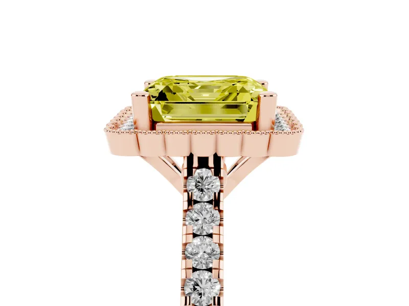 Fancy Yellow Asscher Cut Diamond Milgrain Floral Halo Engagement Ring Set in Rose gold with Pavé Band