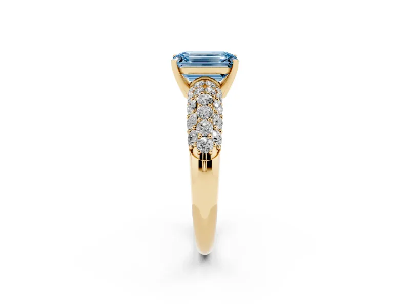 Emerald Cut Multi Row Pave Engagement Ring Setting for a Fancy Blue Lab-Grown Diamond | Yellow Gold