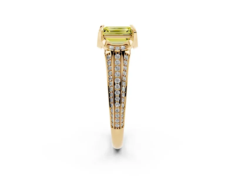 Fancy Yellow Emerald Cut Diamond Pavé Split Shank Solitaire Ring Set in Yellow gold with Prong Setting