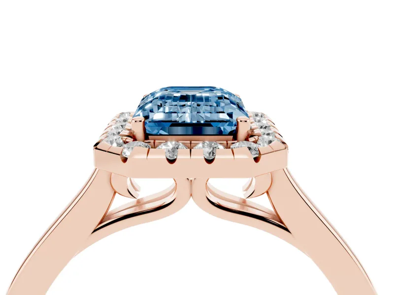 Fancy Blue Emerald Cut Halo Round Diamond Solitaire Ring Set in Rose gold with Pavé Band and Prong Setting
