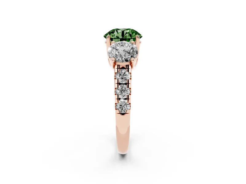 Round Three Stone Engagement Ring Setting for a Fancy Green Lab-Grown Diamond | Accented Shoulders | Rose Gold
