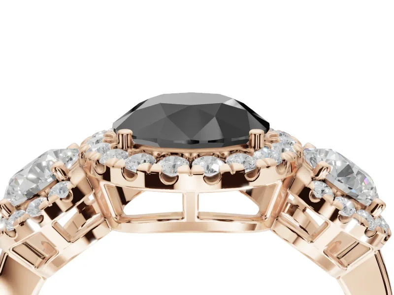 Round Three Stone Halo Engagement Ring Setting for a Black Center | Haloed Side Stones | Rose Gold