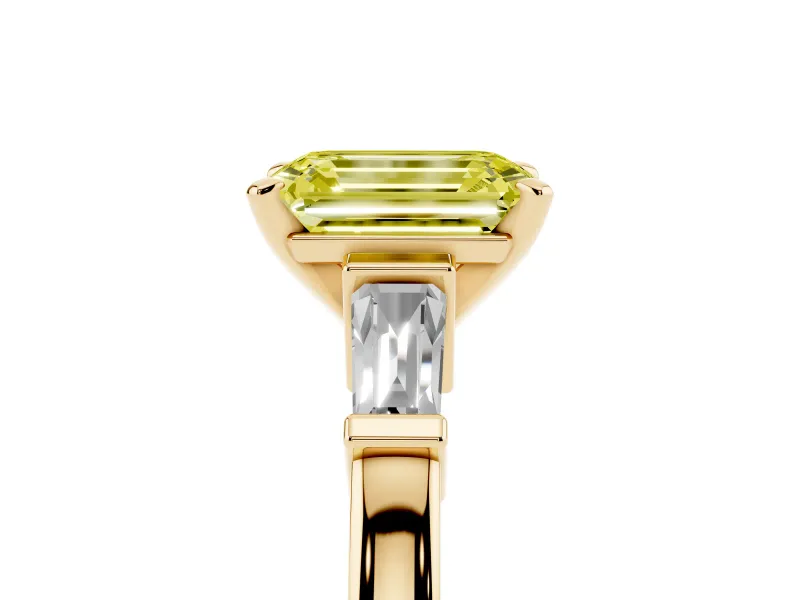 Emerald Cut Three-Stone Engagement Ring Setting for a Fancy Yellow Lab-Grown Diamond | Tapered Baguettes | Yellow Gold