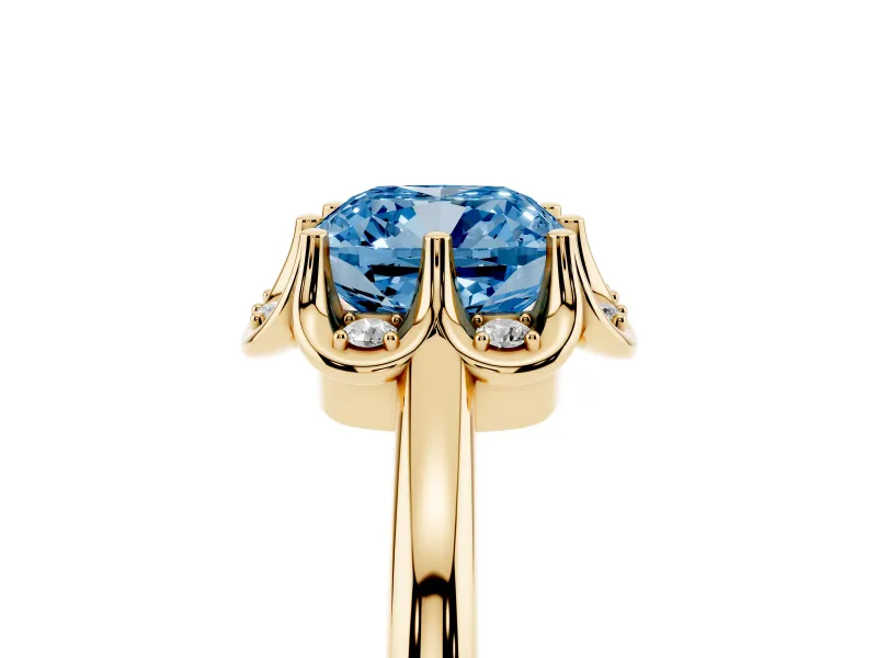 Cushion Cut Petal Halo Engagement Ring Setting for a Fancy Blue Lab-Grown Diamond | Yellow Gold