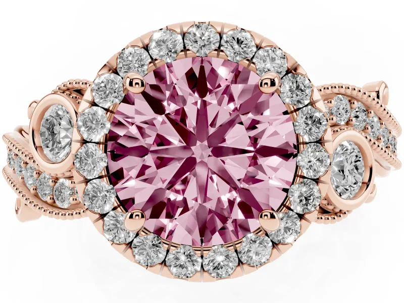 Fancy Pink Round Cut Diamond Halo Ring Set in Rose gold with Milgrain Pavé Band and Prong Setting