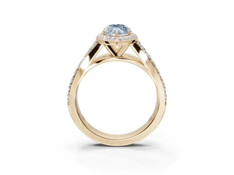 Marquise Halo Pavé Engagement Ring Setting for a Fancy Blue Lab-Grown Diamond | Narrow Split Shank | Yellow Gold