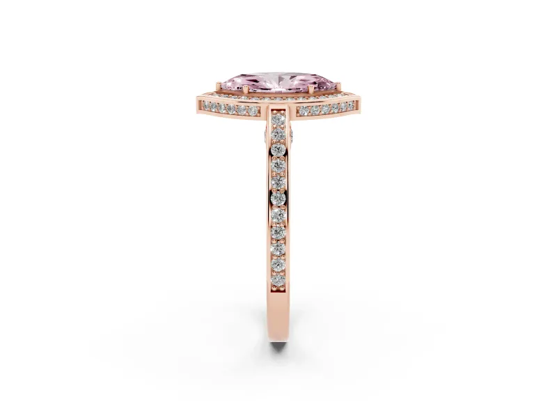 Fancy Pink Marquise Cut Diamond Halo Pavé Split Shank Ring Set in Rose gold with Prong Setting