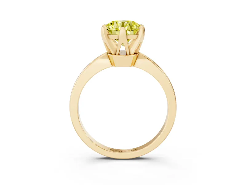 Fancy Yellow Round Cut Diamond Solitaire Engagement Ring Set in Yellow gold with Slim Tapered Solitaire Band