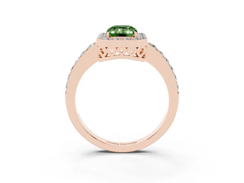 Fancy Green Emerald Cut Diamond Halo Ring Set in Rose gold with Pavé-Setting Band and Open Prong Center