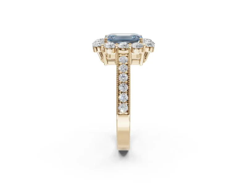 Emerald Cut Vintage Halo Engagement Ring Setting for a Fancy Blue Lab-Grown Diamond | Yellow Gold
