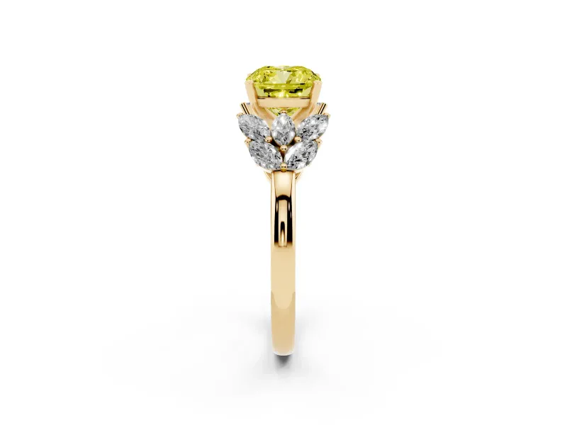 Cushion Cut Leaf Cluster Engagement Ring Setting for a Fancy Yellow Lab-Grown Diamond | Yellow Gold