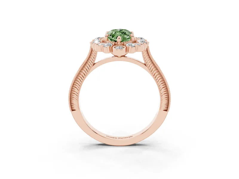Fancy Green Marquise Cut Diamond Halo Milgrain Pavé Ring Set in Rose gold with Prong Setting