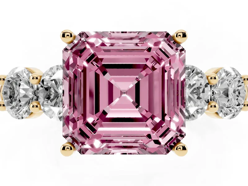 Asscher Cut Five Stone Engagement Ring Setting for a Fancy Pink Lab-Grown Diamond | Prong Set Side Stones | Yellow Gold