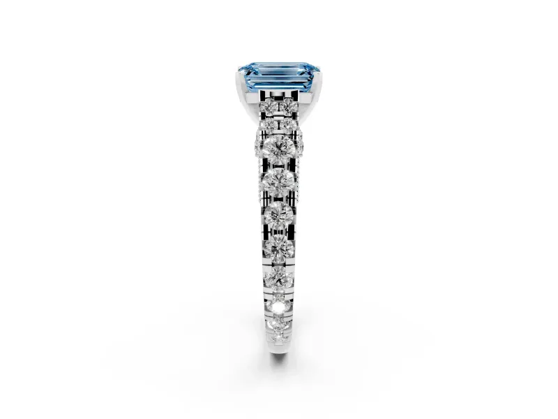 Fancy Blue Emerald Cut Diamond Classic Solitaire Ring Set in Platinum with Pavé Band and Prong Setting