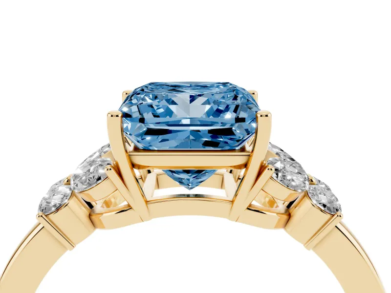 Fancy Blue Princess Cut Diamond Solitaire Floral Ring Set in Yellow gold with Marquise Petals and Prong Setting