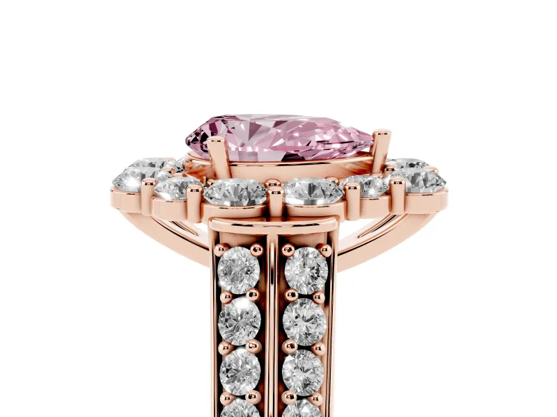 Fancy Pink Pear Cut Diamond Halo Engagement Ring Set in Rose gold with Split Shank and Prong Setting