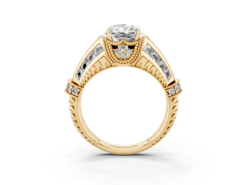 Radiant Cut Diamond Vintage-Inspired Milgrain Ring Set in Yellow gold with Accent Split Shank