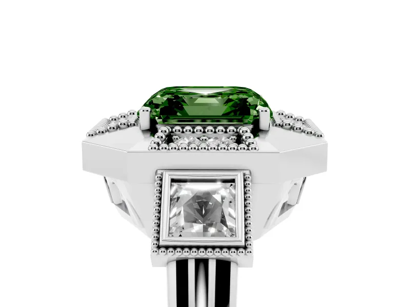 Fancy Green Asscher Cut Diamond Milgrain Halo Ring Set in Silver with Split Shank