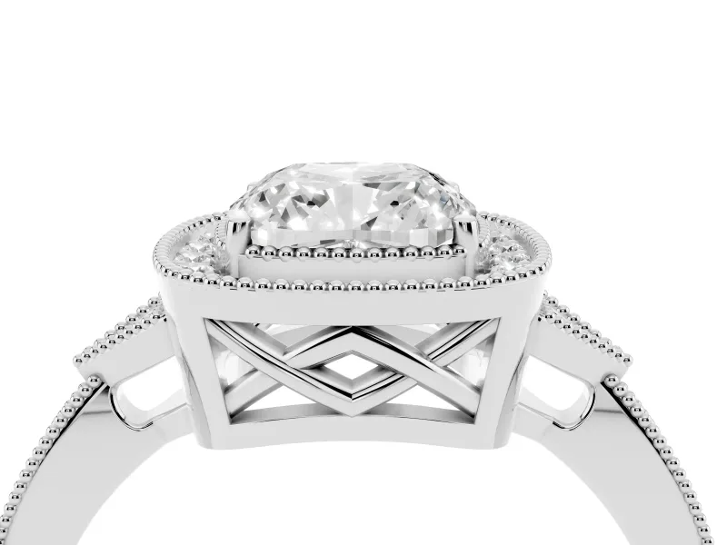 Cushion Cut Vintage Milgrain Halo Engagement Ring Setting | Graduated Pavé Band | White Gold