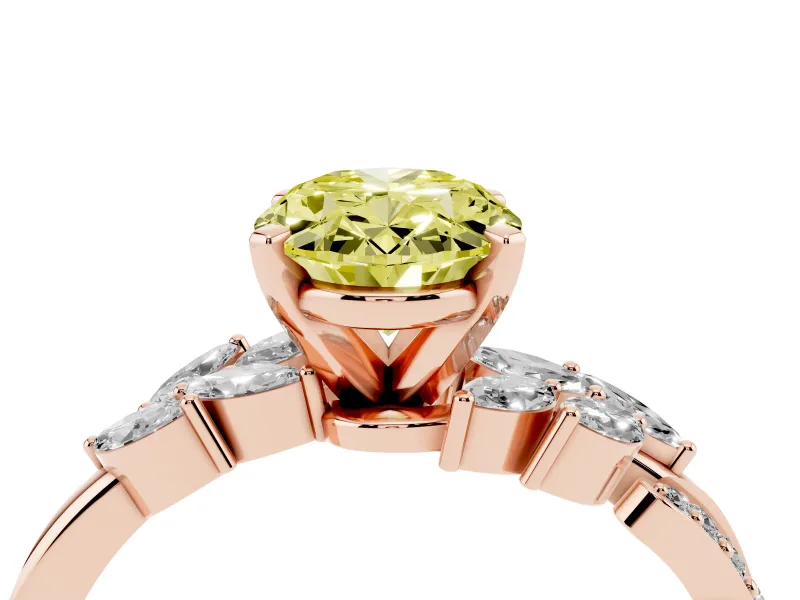 Fancy Yellow Oval Cut Diamond Solitaire Ring Set in Rose gold with Marquise Twist Band and Prong Setting