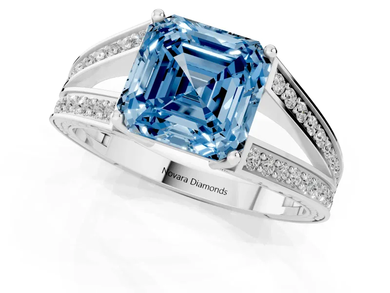 Fancy Blue Asscher Cut Diamond Split Shank Ring Set in Silver with Pavé Band and Prong Setting