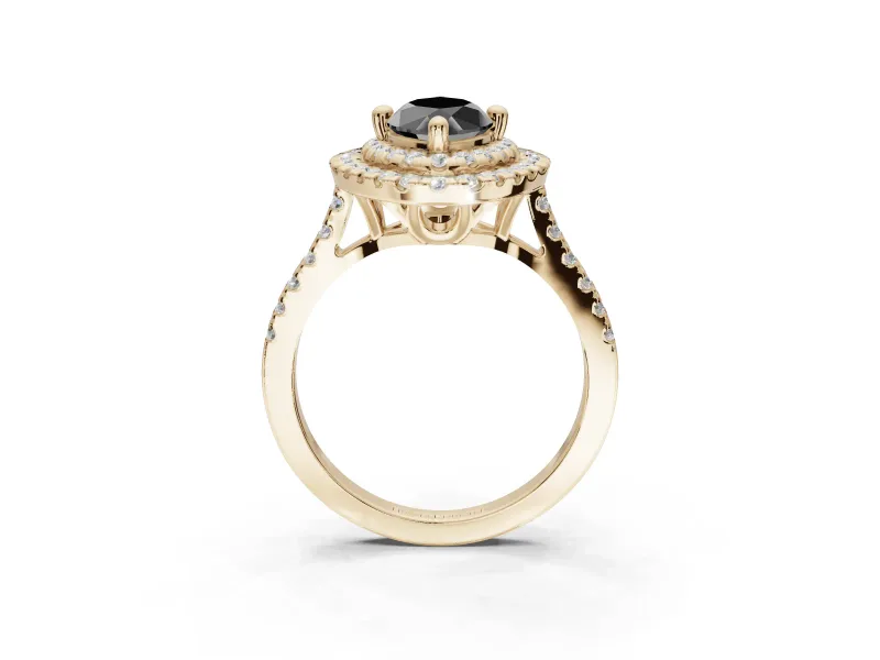 Fancy Black Marquise Lab-Grown Diamond Double Halo Statement Ring Set in Yellow Gold with Pavé Band