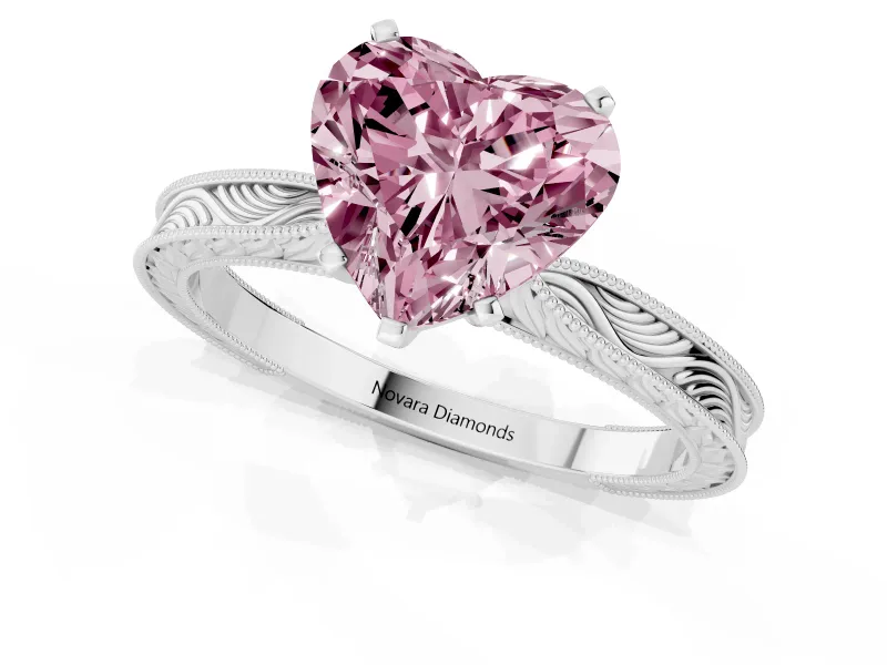 Fancy Pink Heart Cut Diamond Solitaire Milgrain Engraved Band Set in White gold with Prong Setting