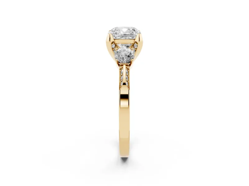Cushion Cut Hidden Halo Three Stone Engagement Ring Setting | Pave Gallery | Yellow Gold