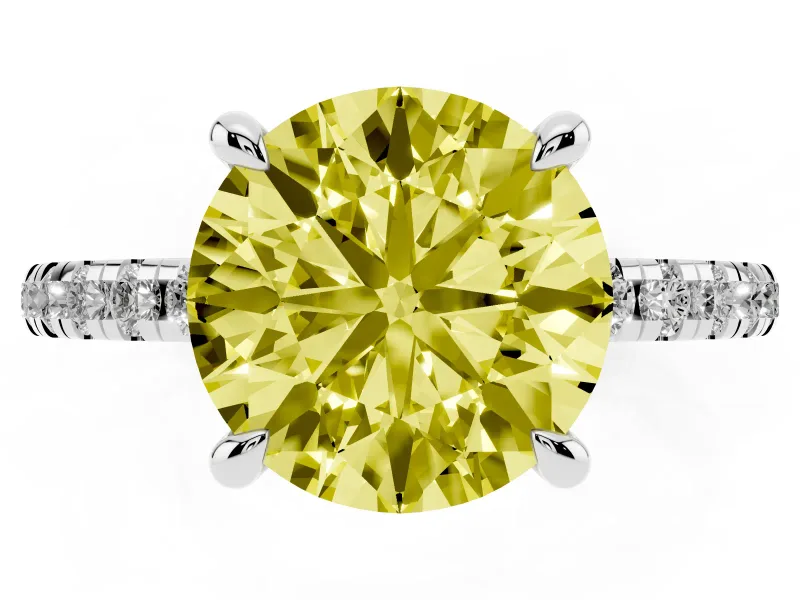Fancy Yellow Round Cut Diamond Brilliant Solitaire Ring Set in White gold with Pavé Band and Prong Setting