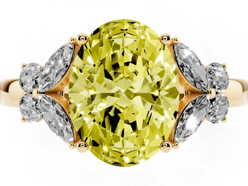 Fancy Yellow Oval Cut Diamond Solitaire Floral Ring Set in Yellow gold with Marquise Petals and Prong Setting