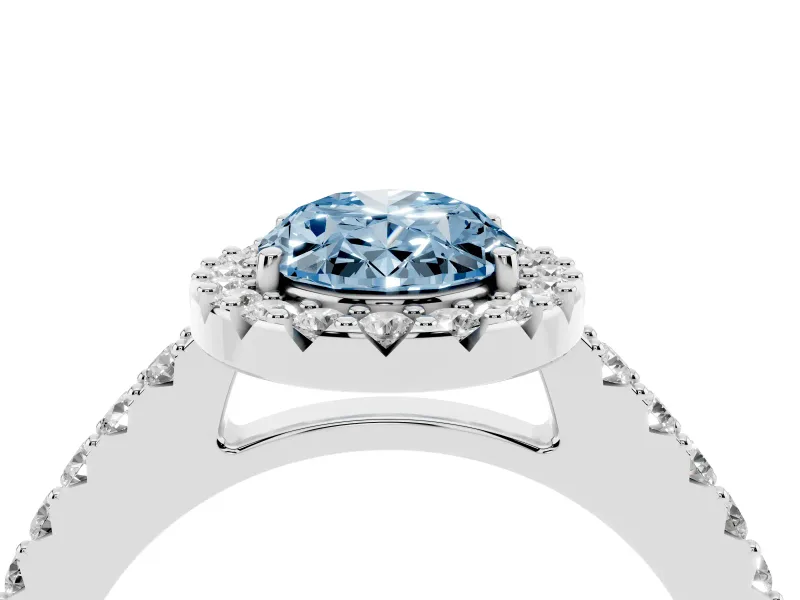 Fancy Blue Oval Cut Diamond Halo Pavé Solitaire Ring Set in Silver with Prong-Set Center Stone