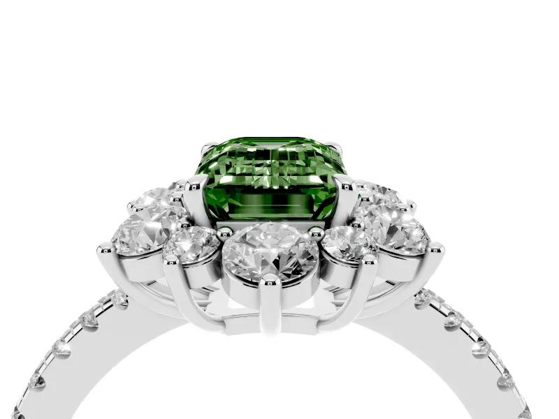 Fancy Green Emerald Cut Diamond Floral Halo Ring Set in White gold with Round Pavé Band and Prong Setting