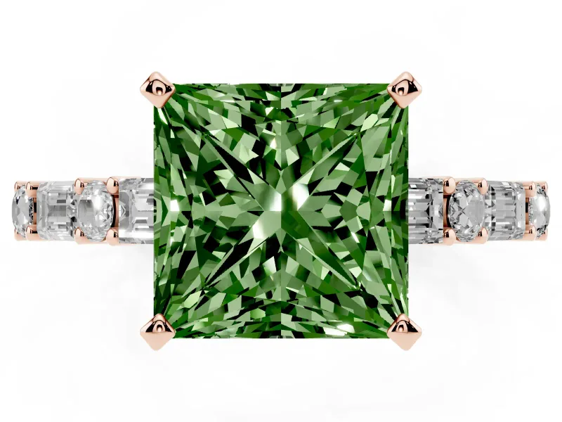 Princess Cut Baguette Side Stone Engagement Ring Setting for a Fancy Green Lab-Grown Diamond | Rose Gold
