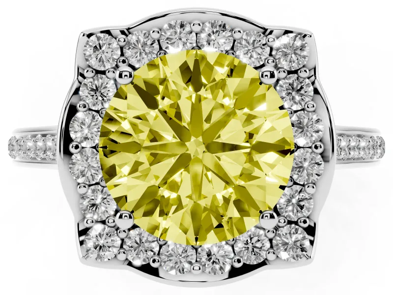 Round Petal Tip Halo Engagement Ring Setting for a Fancy Yellow Lab-Grown Diamond | Pavé Band | Sterling Silver