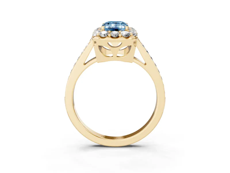 Emerald Cut Floral Halo Engagement Ring Setting for a Fancy Blue Lab-Grown Diamond | Large Round Accents | Yellow Gold